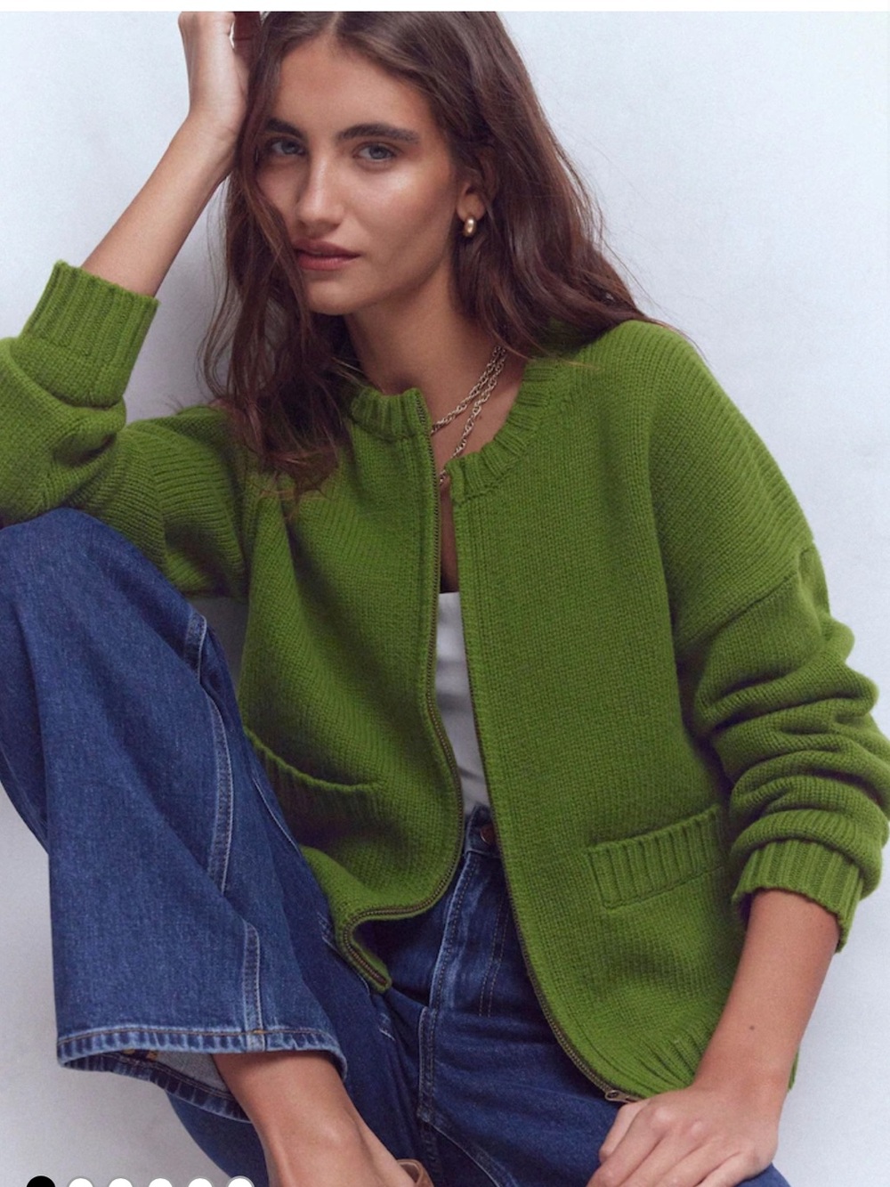Boden Maya Zip Up Jacket  Olive Green Zip-Front Chunky Wool Knit Cardigan size 4